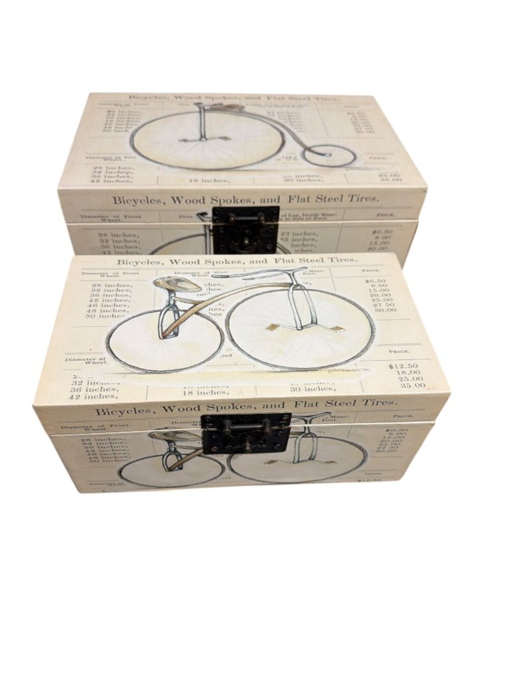 Set of 2 Bicycle Wood Boxes Nesting Storage Clasp Decor Vintage Style READ
